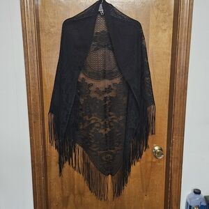 Black Lace Fringe Shawl Poncho